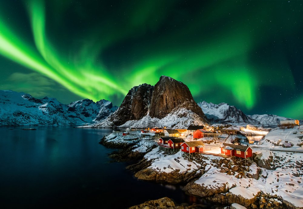 Northern Lights Norway, Atmosphere, Water, Sky, Green, Natural landscape, Nature, Aurora, Mountain, Snow