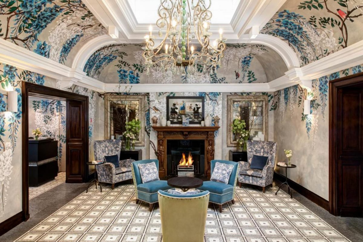 Browns Hotel London, Property, Furniture, Picture frame, Blue, Interior design, Decoration, Hall